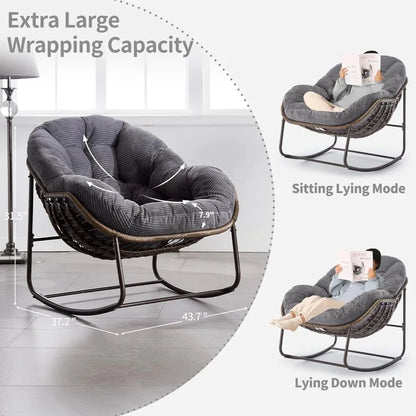 Set of 2 Papasan Rocking Chairs - Oversized, Comfy, Royal Rattan with Strip Velvet Cushions