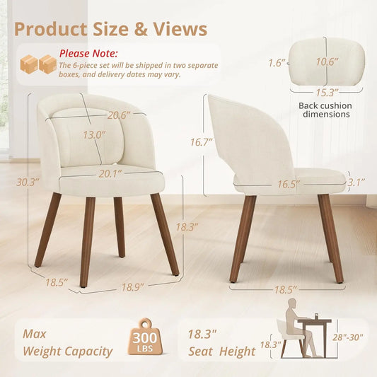 Set of 6, Modern Kitchen Chairs with Solid Wood Legs, Upholstered