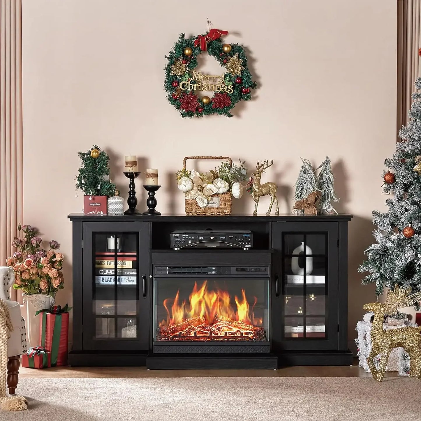 3-Sided Glass Fireplace TV Stand for TVs up to 65'' w/ cabinets