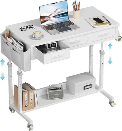 Portable Rolling Computer Desk - 40 Inch Adjustable Desk with 3 Fabric Drawers
