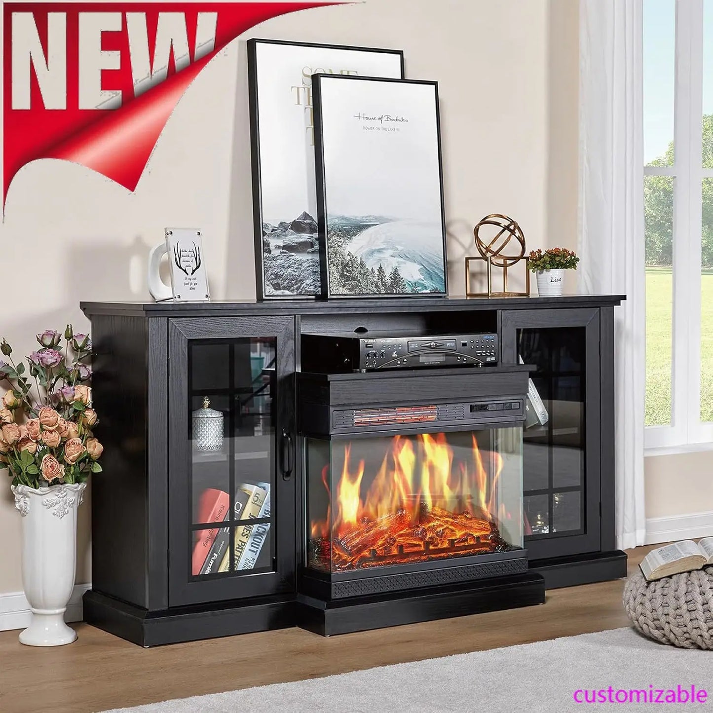 3-Sided Glass Fireplace TV Stand for TVs up to 65'' w/ cabinets