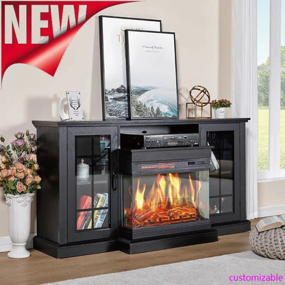 3-Sided Glass Fireplace TV Stand for TVs up to 65'' w/ cabinets