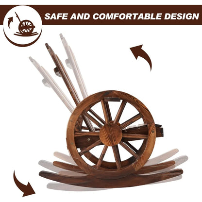 Set of 2, Wooden Rocking Chairs with Wagon Wheel Armrest and Small Table