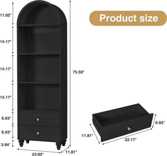 75.59" Tall Bookcase, 4 Tier Arched Bookshelf with 2 Drawers