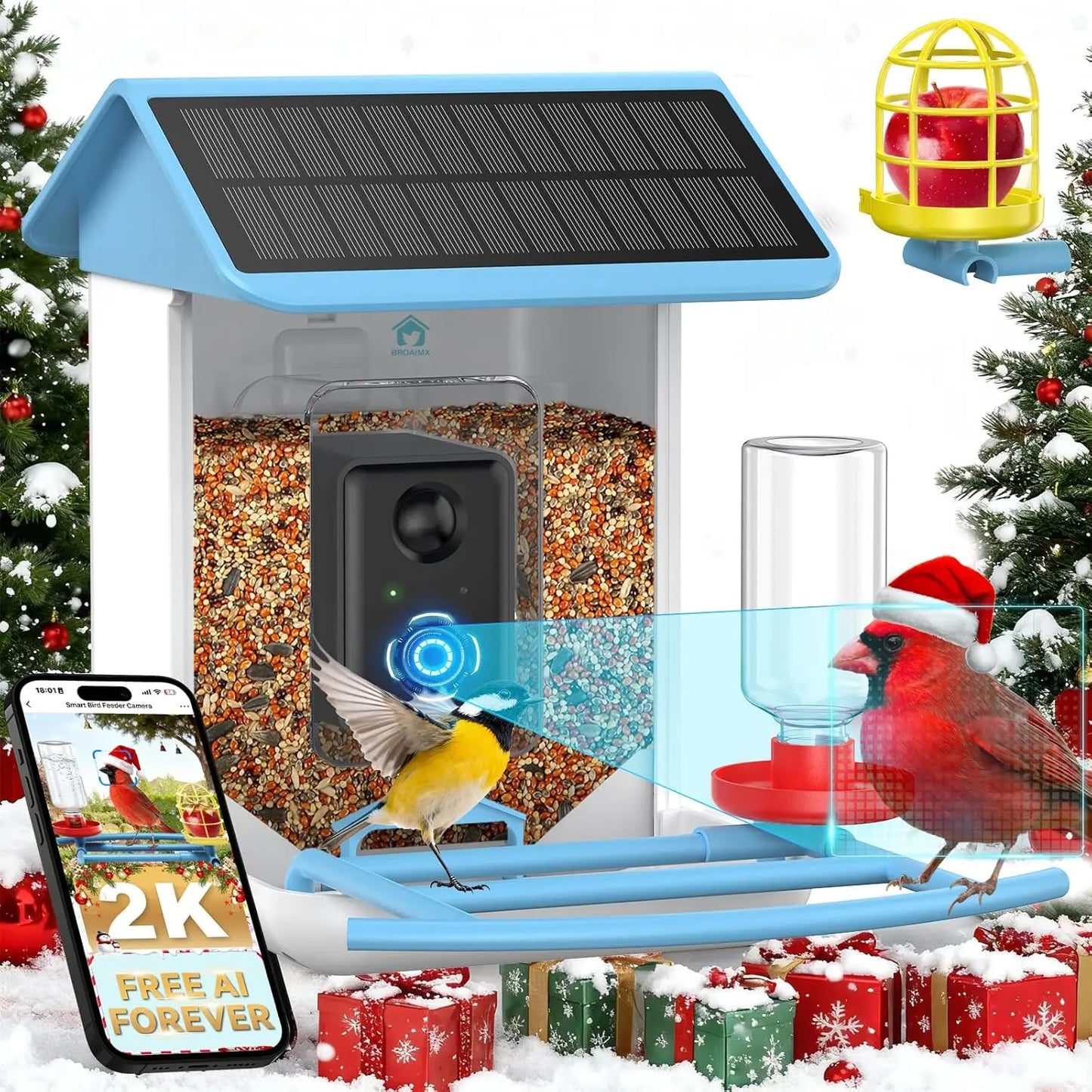 AI Bird Feeder includes Night Vision, Identifies 1100+ Birds, Live 2K HD View with 64GB Card & App Alerts