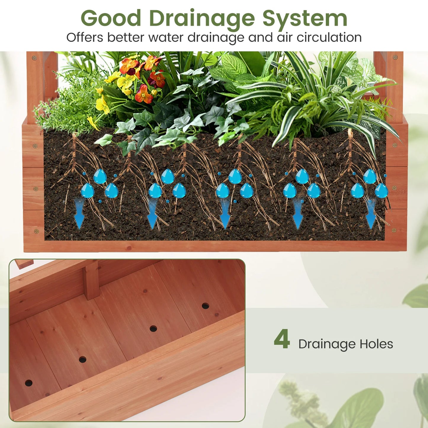 Wooden Raised Garden Bed w/Trellis & Hanging Roof and Drainage