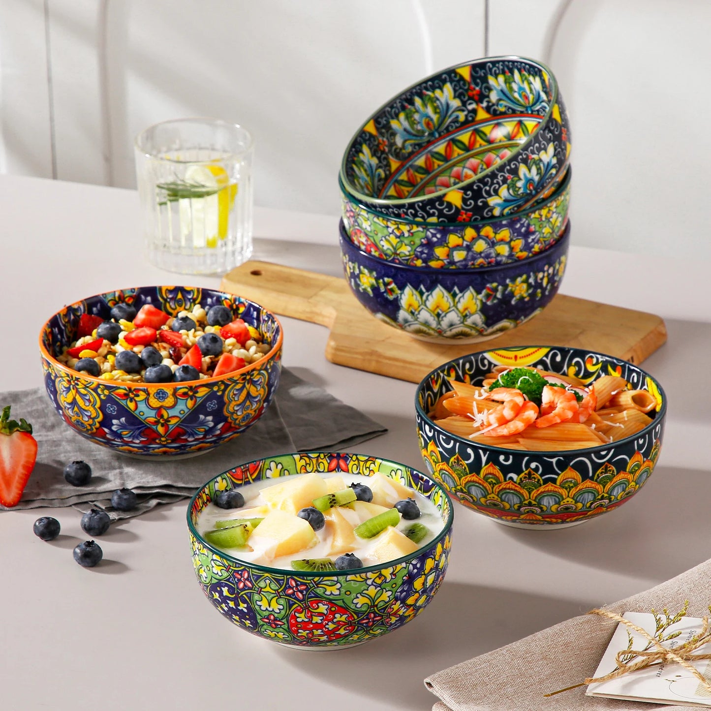 Bohemian style,  Set of 6 or12 Bowls, 28 Oz Ceramic Bowls