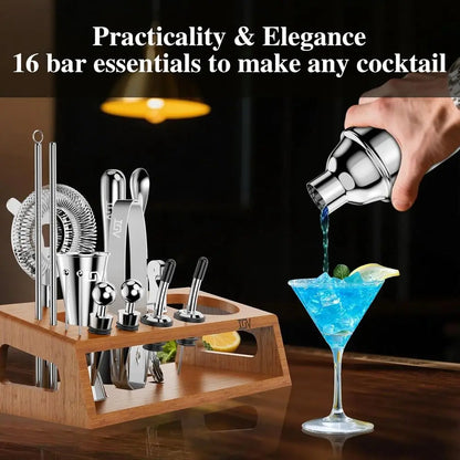 Cocktail Shaker Set Kit with Stand Includes Shaker, Jigger, Strainer, Mixing Spoon, Muddler, and Cocktail Recipes