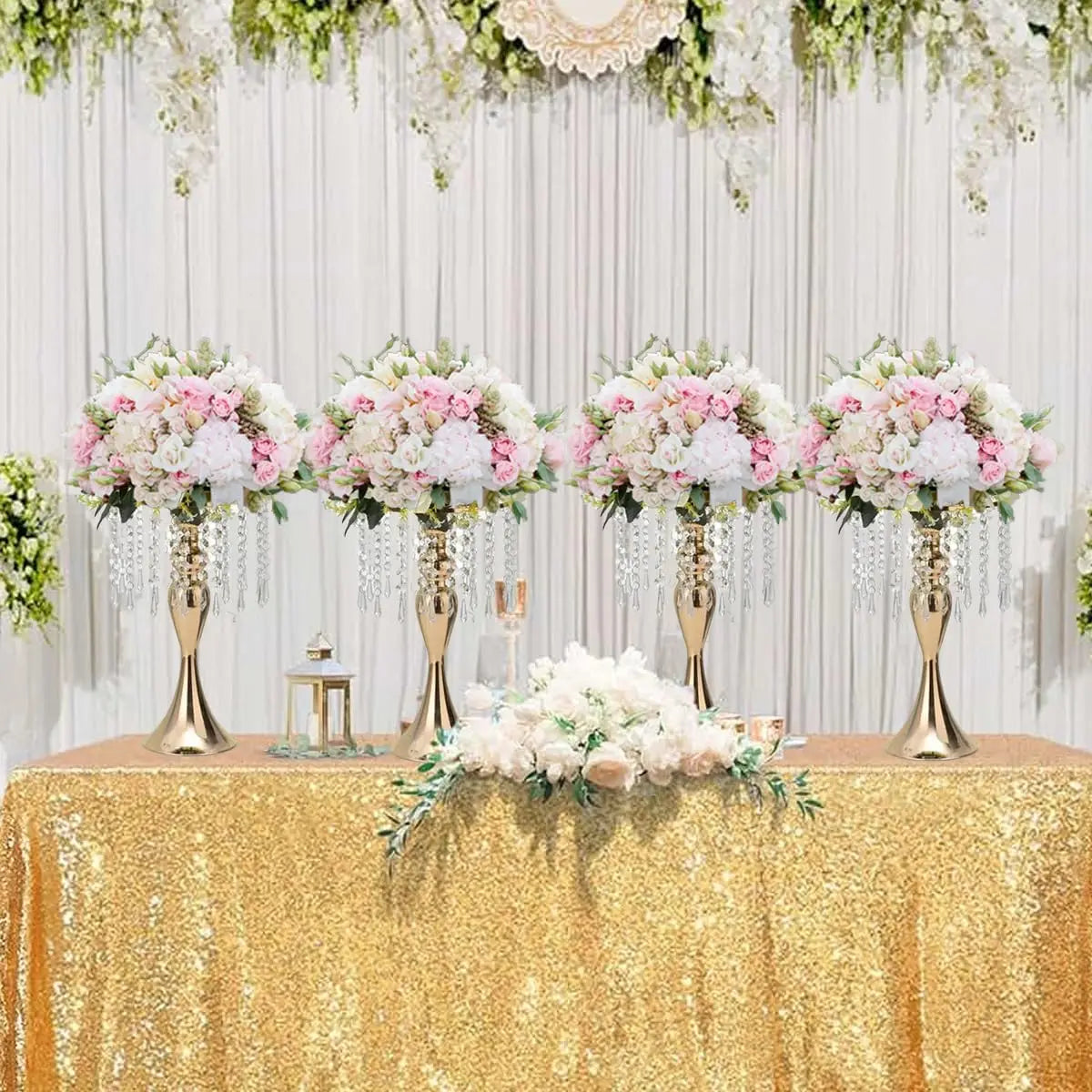 Set of 8, Centerpieces for Tables-Gold Vase Stand with Crystals