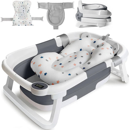 Foldable Baby Bath Tub with Bath Cushion, Thermometer Newborn to Toddler