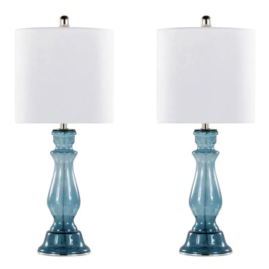 Contemporary 25" Glass Table Lamp, Set of 2, Clear Angel Blue Seeded Glass with White Linen Shades
