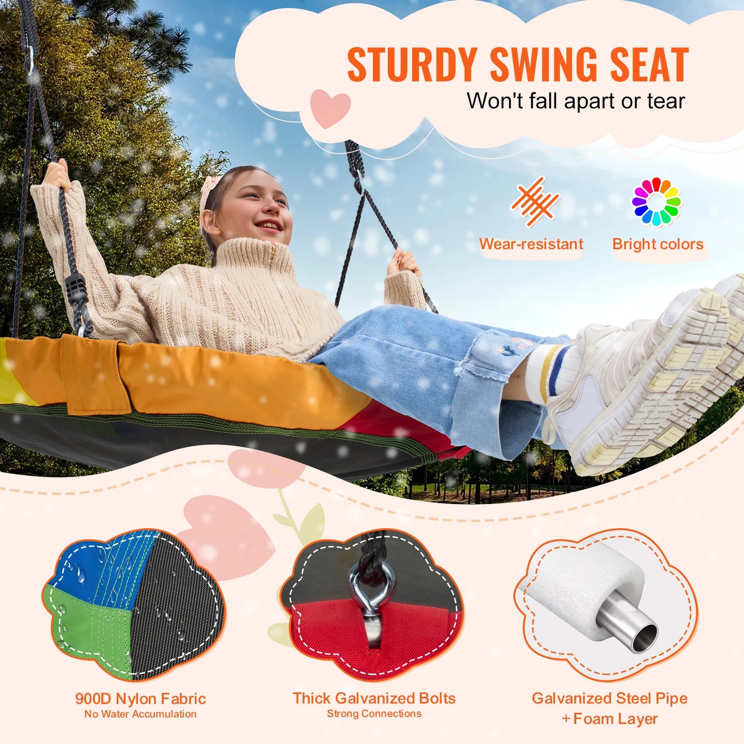 Tree Saucer Swing Seat 750lbs capacity w/ Adjustable Multi-Strand Ropes