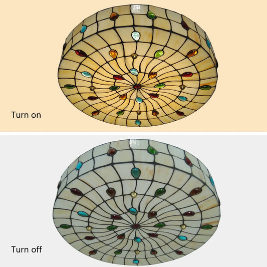 Stained Glass Flush Mount Ceiling Lamp with Brass Frame - Tiffany Inspired Vintage Lighting