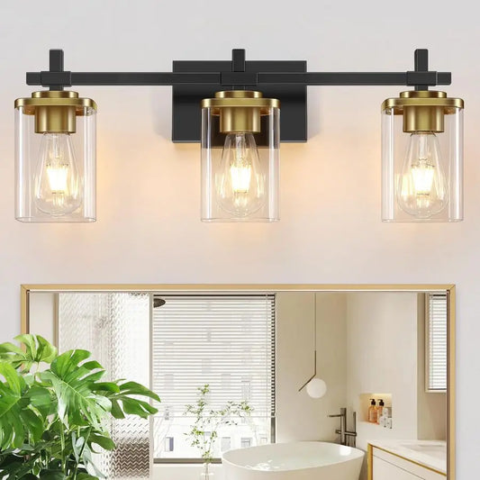 Modern Black and Gold Vanity Light Fixture-Over Mirror, Brushed Gold