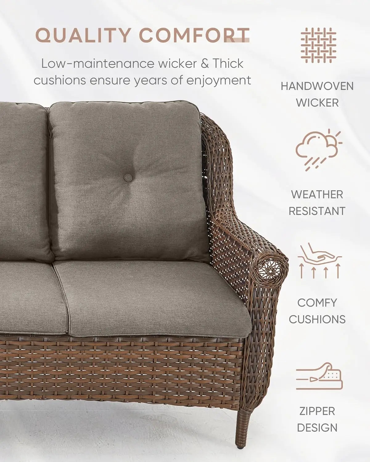 Patio Loveseat Sofa - Heavy Duty, All-Weather Brown Rattan Wicker