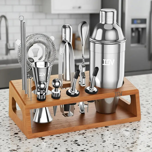 Cocktail Shaker Set Kit with Stand Includes Shaker, Jigger, Strainer, Mixing Spoon, Muddler, and Cocktail Recipes