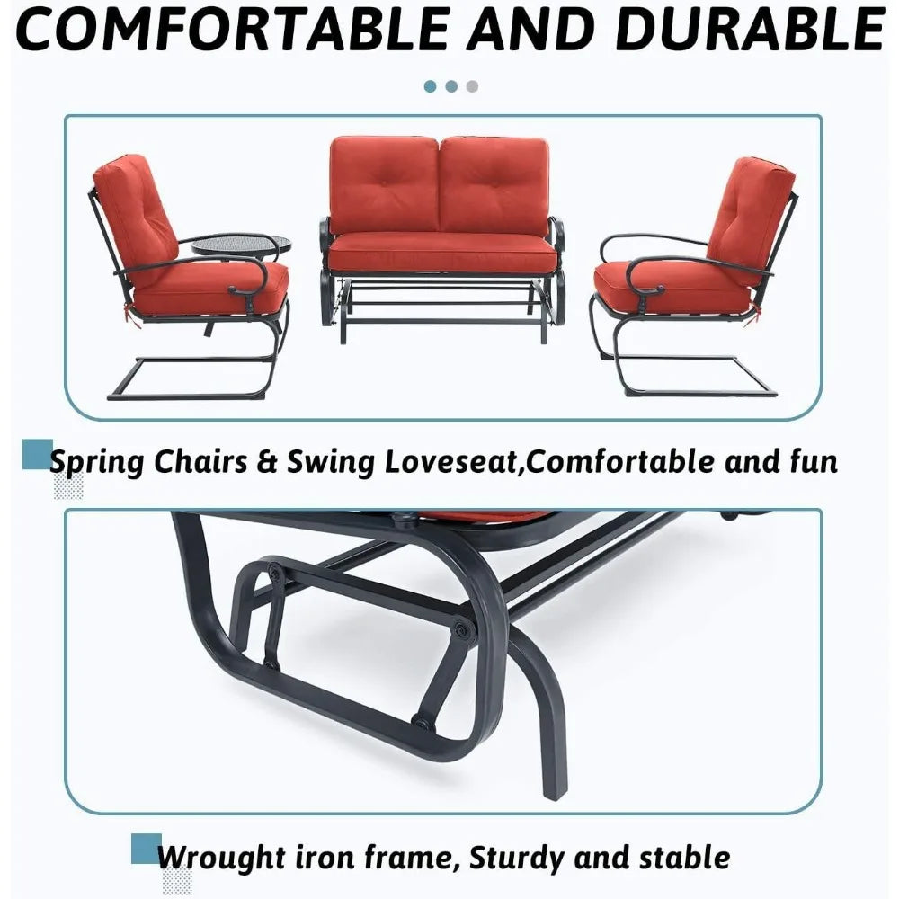 4-Piece Outdoor Patio Set - Swing Glider Loveseat and Spring Lounge Chairs with Side Table
