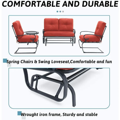4-Piece Outdoor Patio Set - Swing Glider Loveseat and Spring Lounge Chairs with Side Table