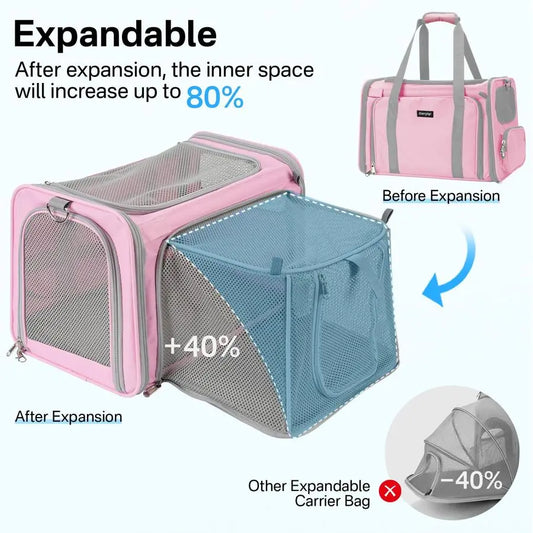 Pet Carrier, Airline Approved, Soft Sided and Expandable- Up to 15 lbs, with Locking Safety Zippers