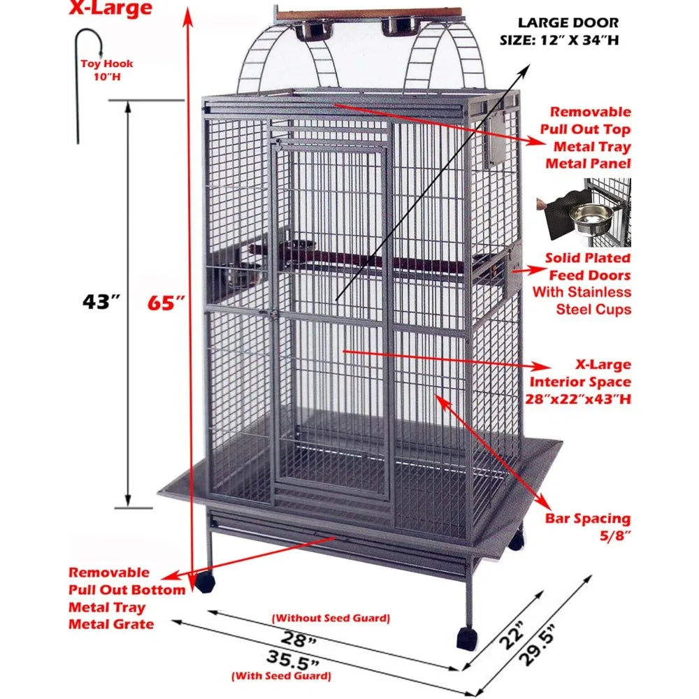 Elegant Wrought Iron Play Top Bird Cage  w/Large Interior Space, Removable Trays, On Wheels