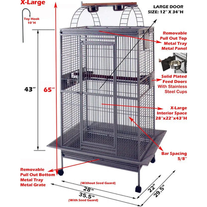 Elegant Wrought Iron Play Top Bird Cage  w/Large Interior Space, Removable Trays, On Wheels
