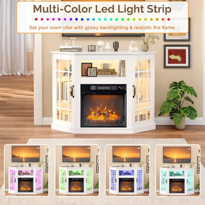 Corner Electric Fireplace TV Stand up to 55 inch TVs w/ Glass Doors