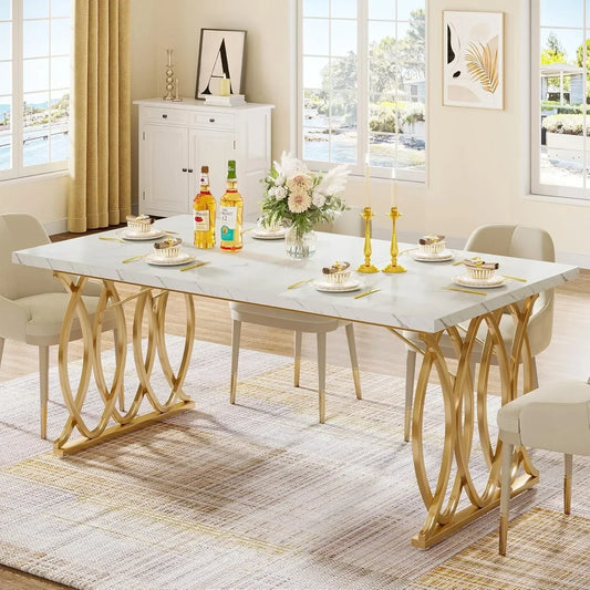 Modern Dining Table, sits 4-6 People, Faux Marble Unique Rectangular Design