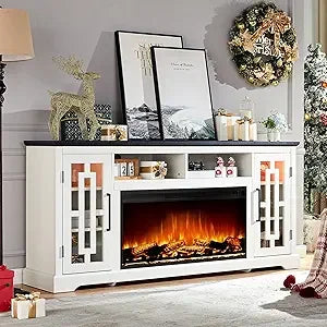 "70 Inch Electric Fireplace TV Stand with Cabinets and LED Lighting