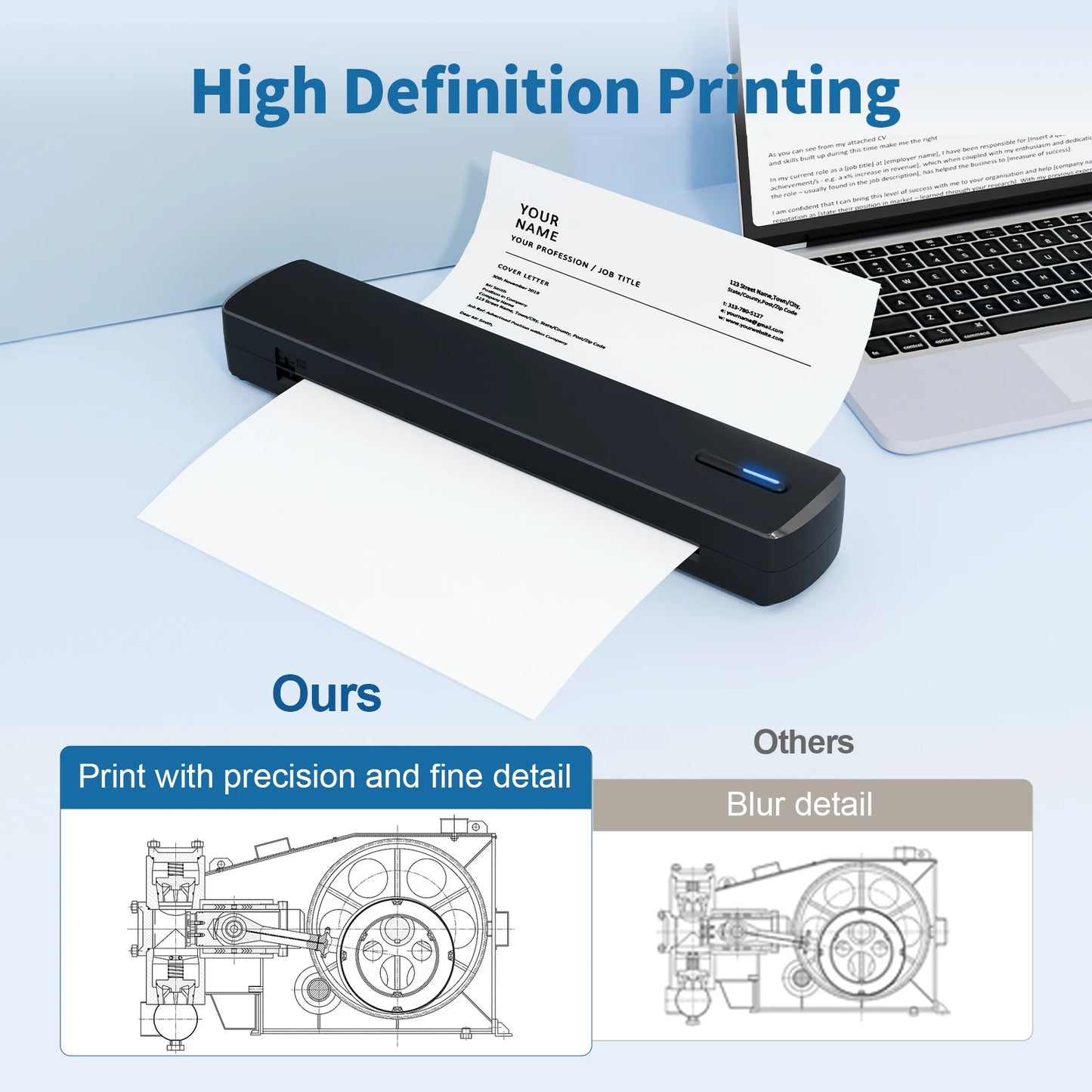 Portable A4 Thermal Printer - Inkless, Wireless, BT, USB Type-C For Android iOS