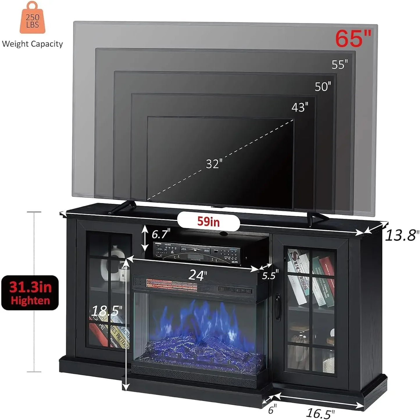 3-Sided Glass Fireplace TV Stand for TVs up to 65'' w/ cabinets