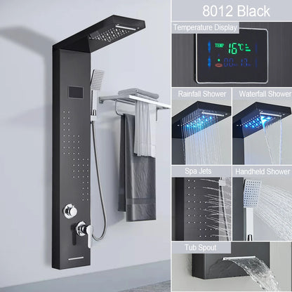 LED Light Shower Panel Waterfall Rain Digital Display Shower Faucet Set SPA Massage Jet Bathroom Column Mixer Tap Tower System