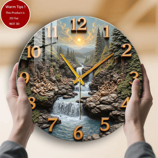 Modern Tempered Glass Wall Clock w/Waterfall Scenery