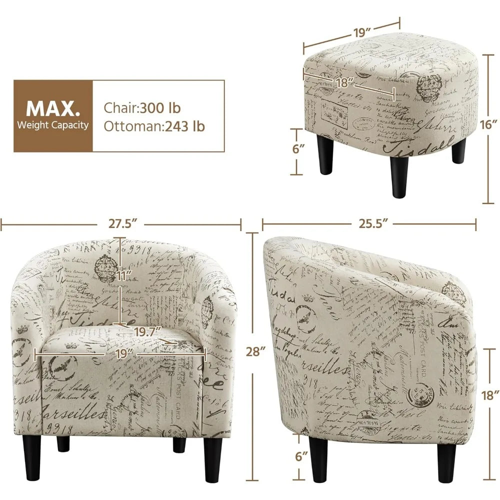 Modern Barrel Chair with Ottoman, Fabric Accent Armchair