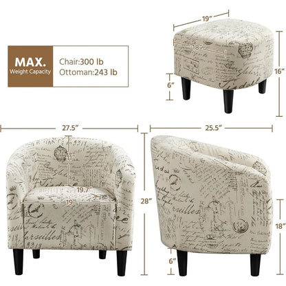 Modern Barrel Chair with Ottoman, Fabric Accent Armchair