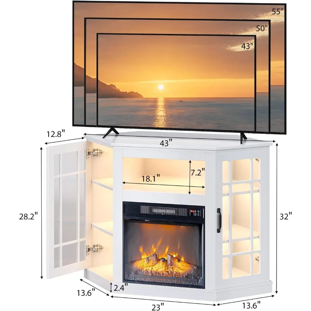 Corner Electric Fireplace TV Stand up to 55 inch TVs w/ Glass Doors