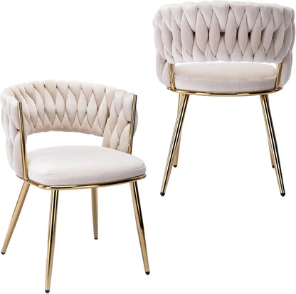 Modern Mid-Century Accent Velvet Dining Chairs Set of 2, Upholstered with Woven Back