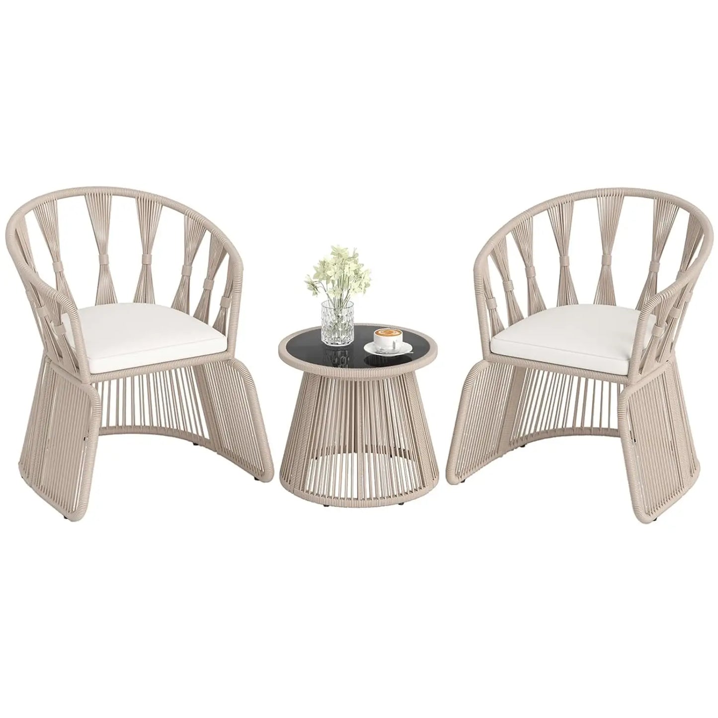3 Piece Patio Rope-Woven Cushioned Armchairs & Table Set with Tempered Glass Tabletop