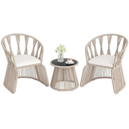 3 Piece Patio Rope-Woven Cushioned Armchairs & Table Set with Tempered Glass Tabletop