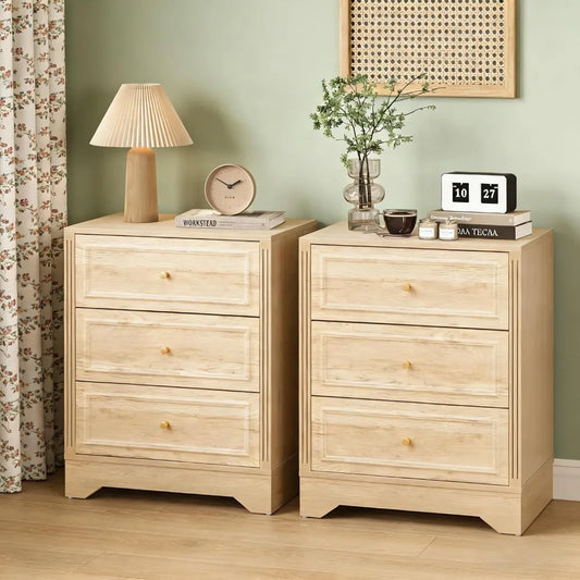 Set of 2, Wooden 3-Drawer Bedside Table with Carved Sides