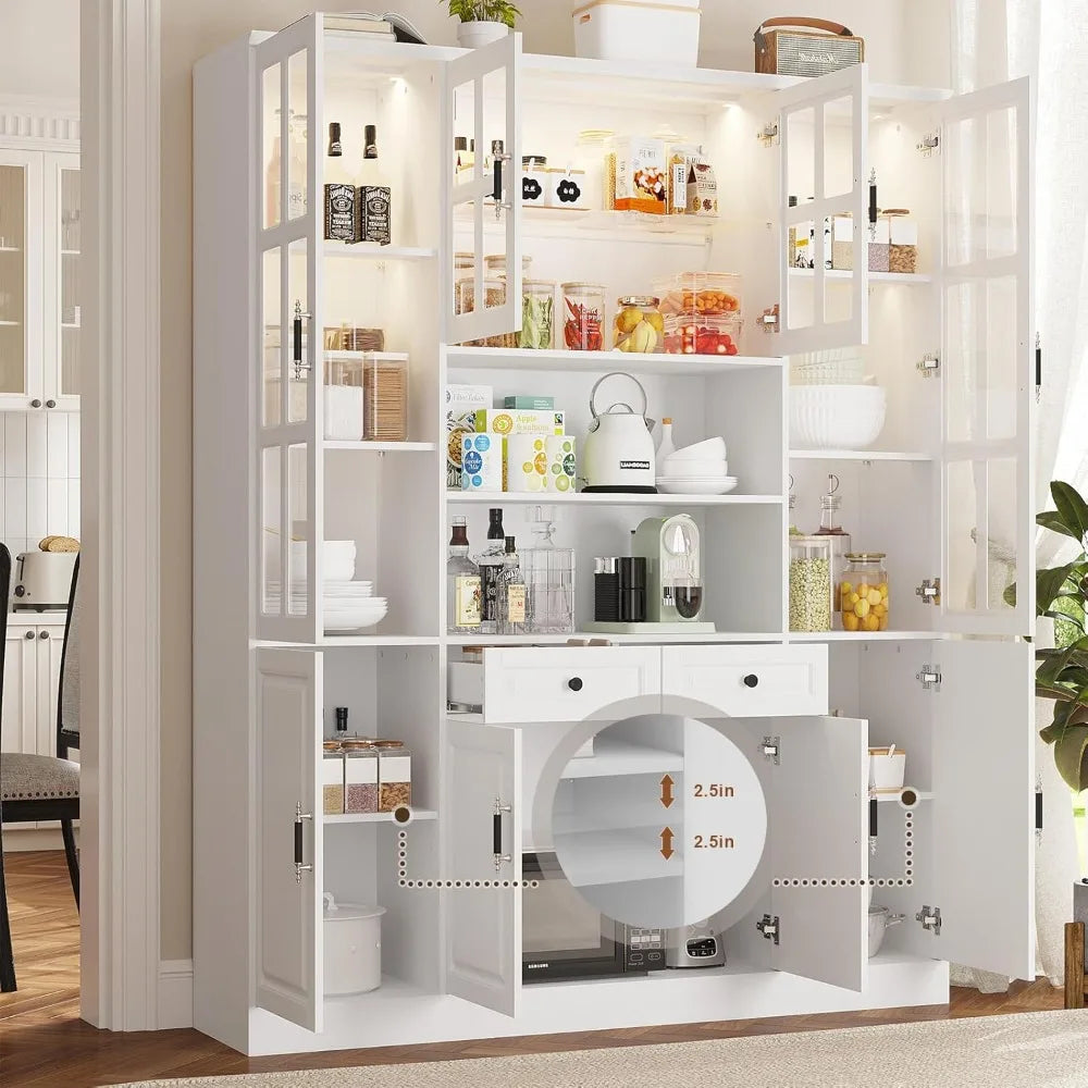 Freestanding Cabinet with Glass Doors, 78.7" H-63"W w/LED Lights, and Drawers
