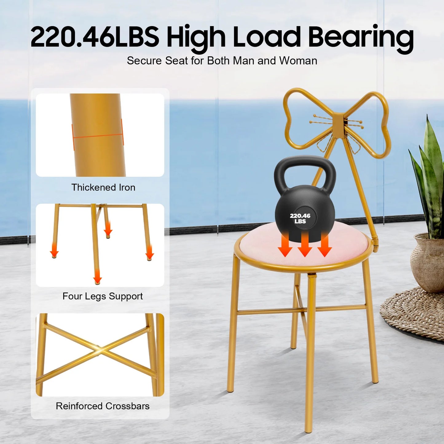 Elegant Pink Butterfly Backrest Chair with Soft Cushion, up to 220 lbs. Load w/Iron Frame