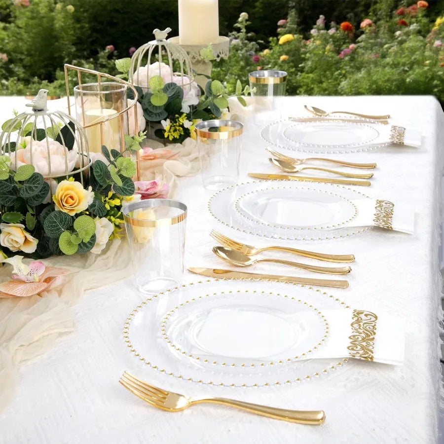 Elegant 350 Pcs Clear Plastic Gold Rim Dinnerware Set, Disposable