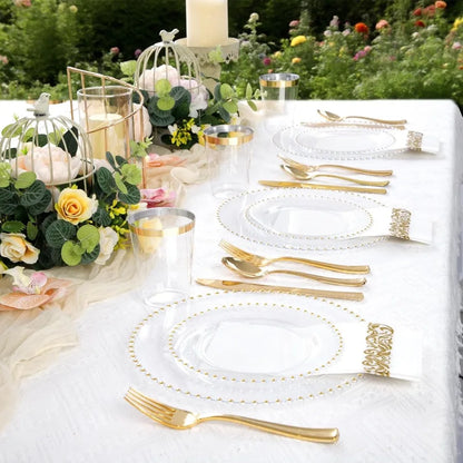 Elegant 350 Pcs Clear Plastic Gold Rim Dinnerware Set, Disposable