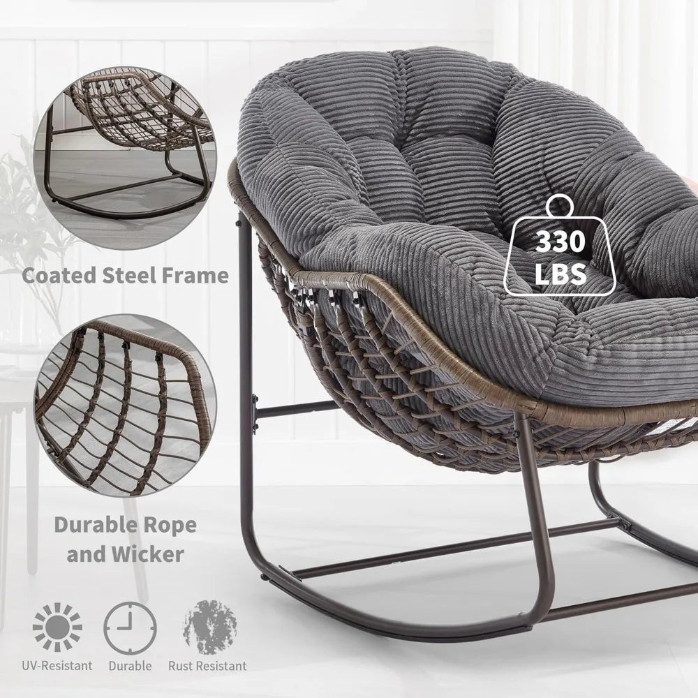 Set of 2 Papasan Rocking Chairs - Oversized, Comfy, Royal Rattan with Strip Velvet Cushions