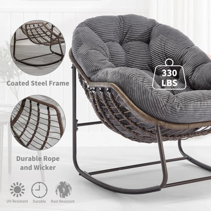 Set of 2 Papasan Rocking Chairs - Oversized, Comfy, Royal Rattan with Strip Velvet Cushions