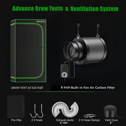 24"x24"x48" Grow Tent Kit With 6 Inch Air Carbon Filter, Australian Virgin Charcoal & Speed Controller