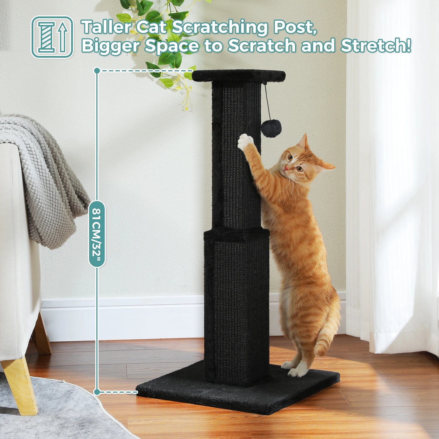 Large Cat Scratching Post with Woven Sisal and Dangling Ball Toy