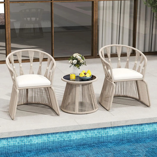 3 Piece Patio Rope-Woven Cushioned Armchairs & Table Set with Tempered Glass Tabletop