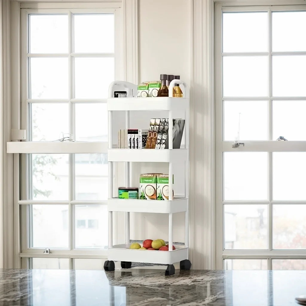 3/4-Tier Rolling Storage Cart, Organizer Trolley, Slim, Space-Saving, w/Adjustable Shelves