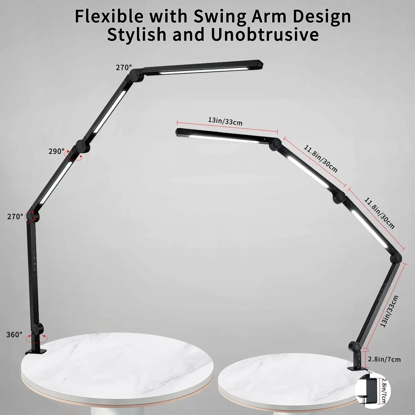 LED Desk Lamp with Clamp, Flexible 4 sections Swing Arm - Three light sources with 4 Color Modes & 5 Brightness Levels